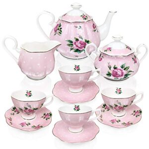 BTaT- Floral Tea Set, Tea cups (8oz), Tea Pot (38oz), Creamer and Sugar Set, Gift box, China Tea Set, Tea Sets for Women, Tea Cups and Saucer Set, Tea Set for Adults, 4 Tea Cups Set