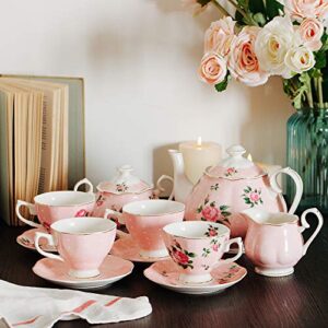 BTaT- Floral Tea Set, Tea cups (8oz), Tea Pot (38oz), Creamer and Sugar Set, Gift box, China Tea Set, Tea Sets for Women, Tea Cups and Saucer Set, Tea Set for Adults, 4 Tea Cups Set