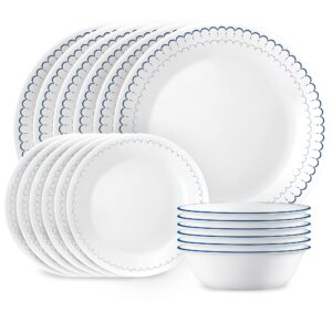 corelle 18-piece dinnerware set, service for 6, lightweight round plates and bowls set, vitrelle triple layer glass, chip resistant, microwave and dishwasher safe, caspian
