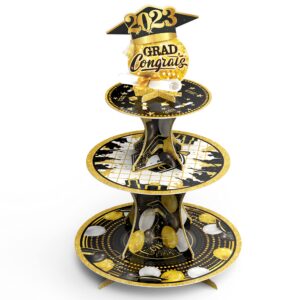 2023 graduation cupcake stand decorations class of 2023 black and gold 3 tier graduation party cupcake holder congrats grad party dessert tower stand for graduation party supplies favors