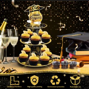 2023 Graduation Cupcake Stand Decorations Class of 2023 Black and Gold 3 Tier Graduation Party Cupcake Holder Congrats Grad Party Dessert Tower Stand for Graduation Party Supplies Favors