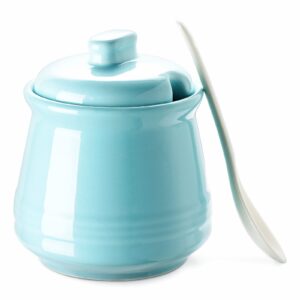 dowan sugar bowl with lid and spoon,12oz ceramic sugar holder for coffee bar, countertop, sugar and creamer bowl, kitchen accessories and decor, teal