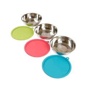 messy mutts 6-piece set | three stainless steel bowls and three colorful silicone lids | sealable travel containers | portable food/water dishes for pets | medium, 1.5 cups