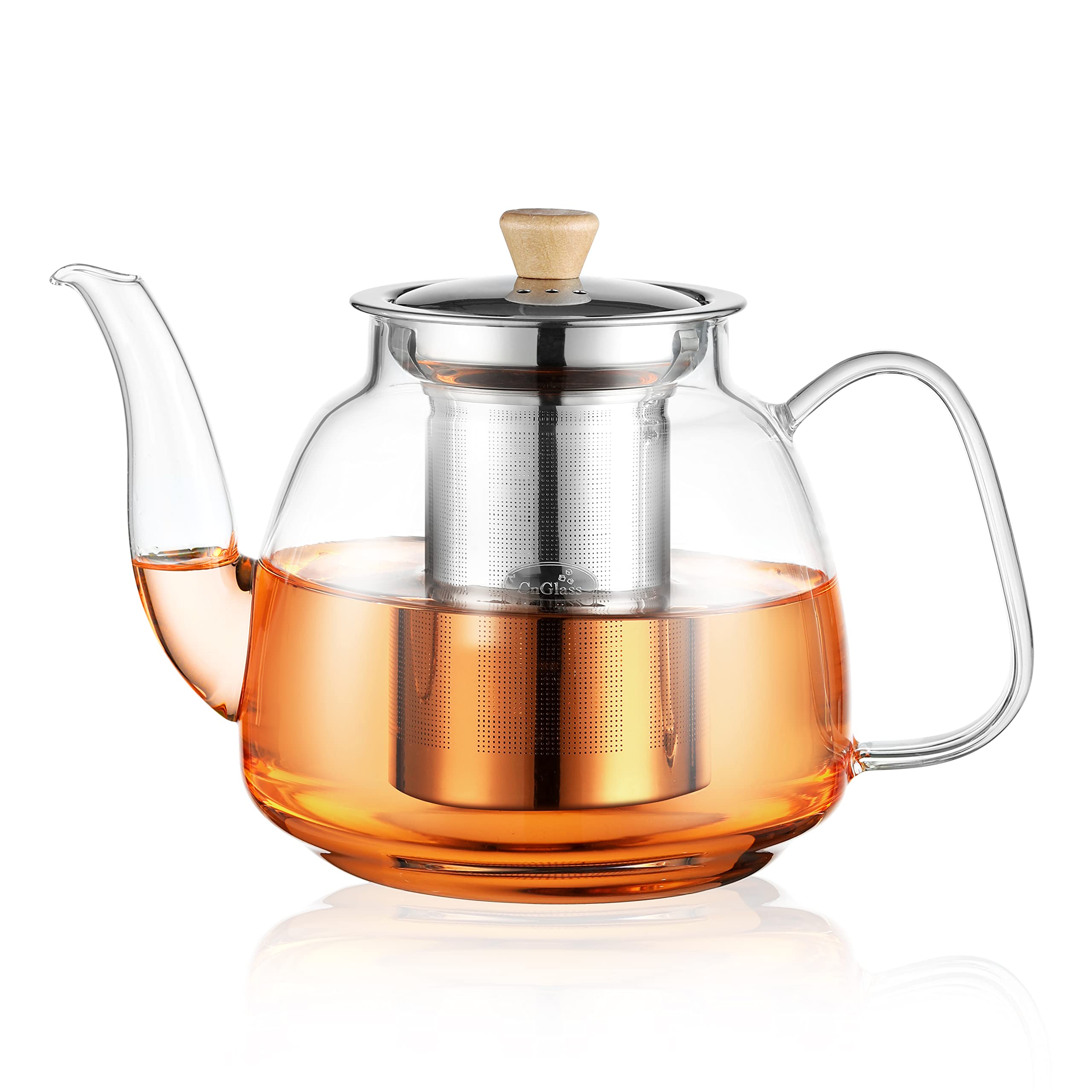 CNGLASS Glass Teapot with Infuser(37.5oz),Clear Glass Tea Kettle with Removable Stainless Steel Strainer,Stovetop Safe Glass Teapot for Blooming and Loose Leaf Tea