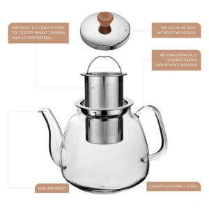 CNGLASS Glass Teapot with Infuser(37.5oz),Clear Glass Tea Kettle with Removable Stainless Steel Strainer,Stovetop Safe Glass Teapot for Blooming and Loose Leaf Tea