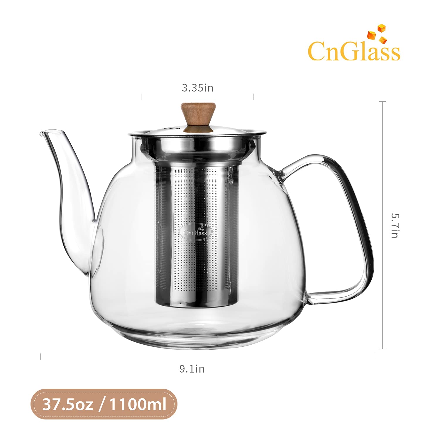 CNGLASS Glass Teapot with Infuser(37.5oz),Clear Glass Tea Kettle with Removable Stainless Steel Strainer,Stovetop Safe Glass Teapot for Blooming and Loose Leaf Tea