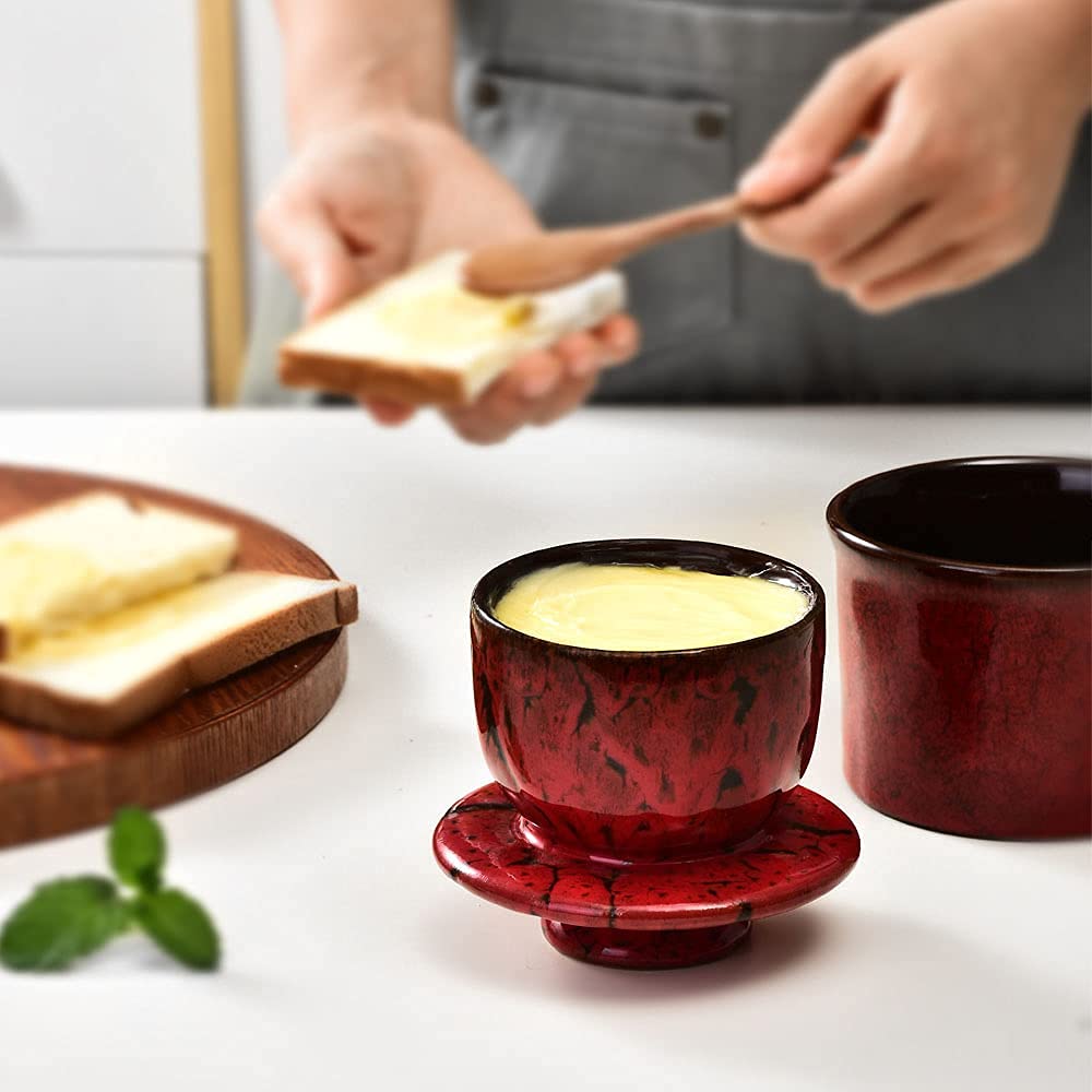 Teapeak Pottery Butter Keeper Crock - Ceramic Butter Dish with Water Line for Countertop, Keep Butter Fresh, Blue