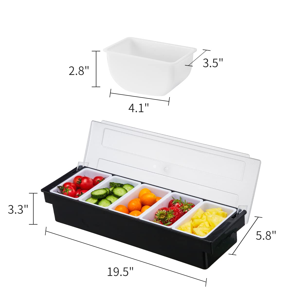 MUKEEN Ice Cooled Condiment Serving Container-6 Compartment Chilled Garnish Tray Bar Caddy with Hinged Lid (6 Compartments)