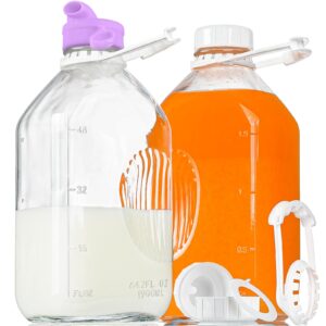 2 pack 64 oz heavy duty glass milk bottle with pour spout and reusable airtight screw lid, 2 qt glass water bottle with 2 exact scale lines - glass milk jug pitcher - 1/2 gal juice bottles