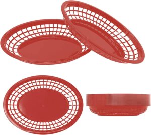 restaurant basket fast food baskets - huge 12” x 9” size classic oval retro plastic foodservice bread, burger & fries tray platter set for party, picnic, barbecue (red 12-pack)