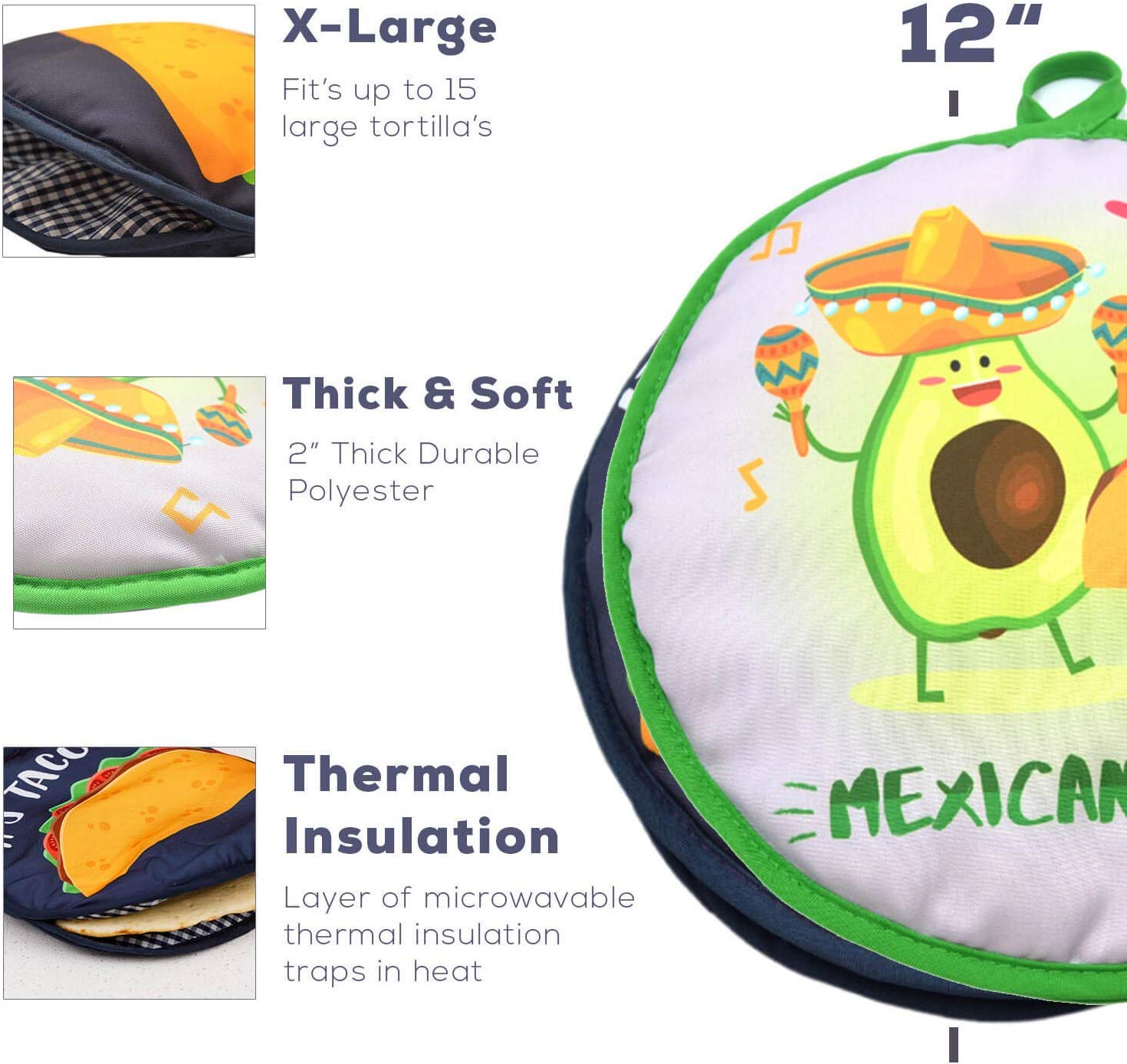 Microwaveable X-Large Tortilla Warmer Pouch 2 Pack - 2 Fun Designs "Taco Time" & "Mexican Food" to make taco night special. 12 Inch in Diameter Microwave Corn or Flour Tortillas, Pizza, Naan Bread