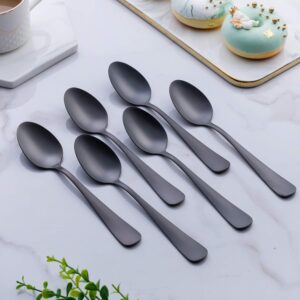 Matte Black Dessert Spoon, GoGeiLi Stainless Steel Satin Finish 6.8-inch Teaspoon Coffee Spoon Set, Service for 6, Dishwasher Safe