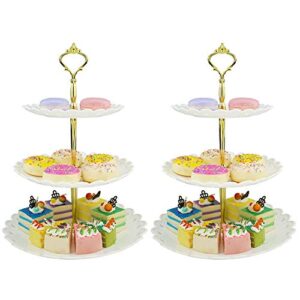 3-Tier White Gold Plastic Dessert Stand Pastry Stand Cake Stand Cupcake Stand Holder Serving Platter for Party Wedding Home Decor-Large-Set of 2