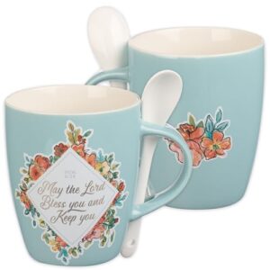 Christian Art Gifts Scripture Coffee and Tea Mug with Ceramic Spoon Set for Women: May the Lord Bless You - Numbers 6:24 Inspirational Bible Verse Hot & Cold Beverages, Light Teal/White Floral, 12 oz.