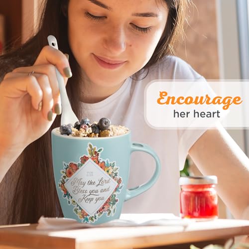 Christian Art Gifts Scripture Coffee and Tea Mug with Ceramic Spoon Set for Women: May the Lord Bless You - Numbers 6:24 Inspirational Bible Verse Hot & Cold Beverages, Light Teal/White Floral, 12 oz.