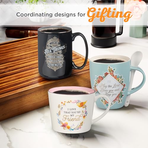 Christian Art Gifts Scripture Coffee and Tea Mug with Ceramic Spoon Set for Women: May the Lord Bless You - Numbers 6:24 Inspirational Bible Verse Hot & Cold Beverages, Light Teal/White Floral, 12 oz.