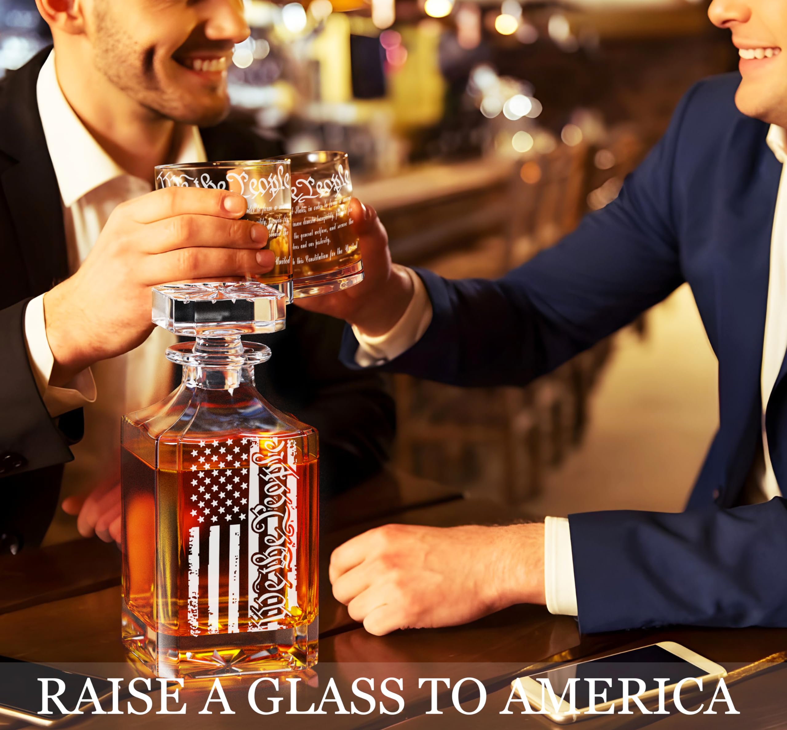 Whiskey Decanter Set for Men, We The People Decanter Set with Glasses, Engraved American Flag Decanter for Liquor Bourbon Gifts for Men Unique Birthday Father's Day Gifts for Men Dad