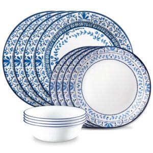 corelle vitrelle glass dinnerware set, chip & crack resistant triple layer glass, 12-pc dinnerware set, portofino