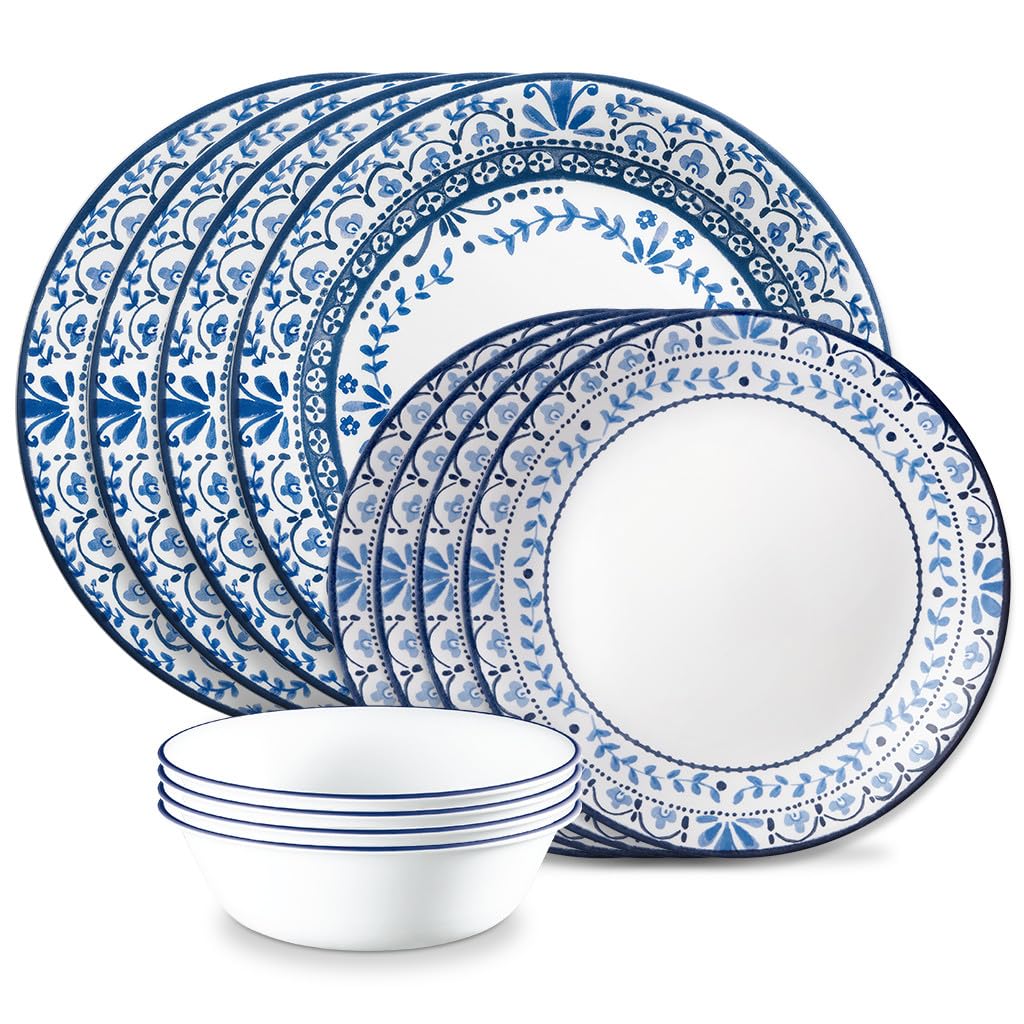 Corelle Vitrelle Glass Dinnerware Set, Chip & Crack Resistant Triple Layer Glass, 12-PC Dinnerware Set, Portofino