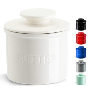 warome butter crock, butter dish with lid for countertop, french butter keeper to leave on counter with water line, ceramic butter holder for fresh spreadable butter-white