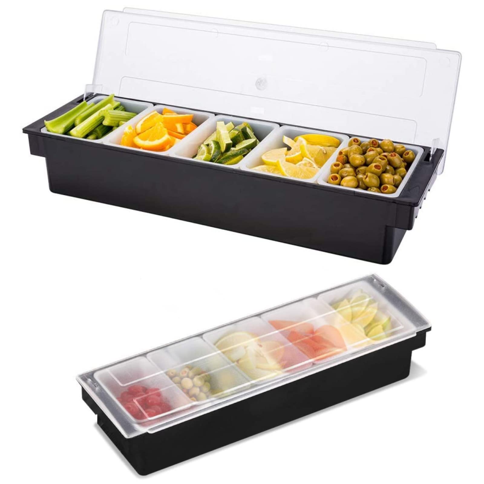 Tebery Large Black Ice Cooled Condiment Serving Container, 5 Compartment Condiment Server Caddy with Hinged Lid and 5 Removable Dishes, Chilled Garnish Tray Bar Caddy (5 Compartment Black)