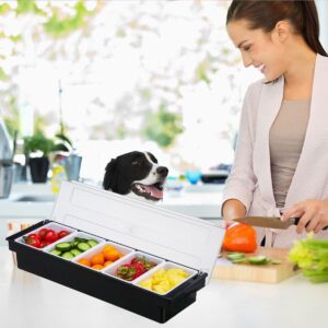 Tebery Large Black Ice Cooled Condiment Serving Container, 5 Compartment Condiment Server Caddy with Hinged Lid and 5 Removable Dishes, Chilled Garnish Tray Bar Caddy (5 Compartment Black)