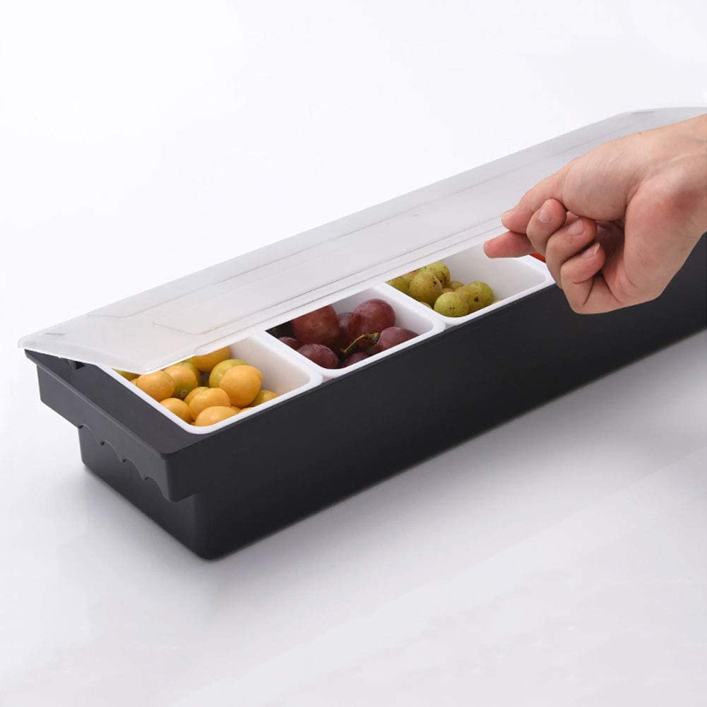 Tebery Large Black Ice Cooled Condiment Serving Container, 5 Compartment Condiment Server Caddy with Hinged Lid and 5 Removable Dishes, Chilled Garnish Tray Bar Caddy (5 Compartment Black)