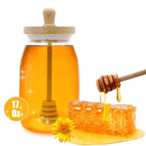 TOFOAN Honey Jar with Dipper and Lid Cover Crystal Beehive Glass Honey Pot for Home Kitchen Store Honey and Syrup, Clear Gorgeous Bee Decor, Honey Container 17 Oz (Honey Jar)