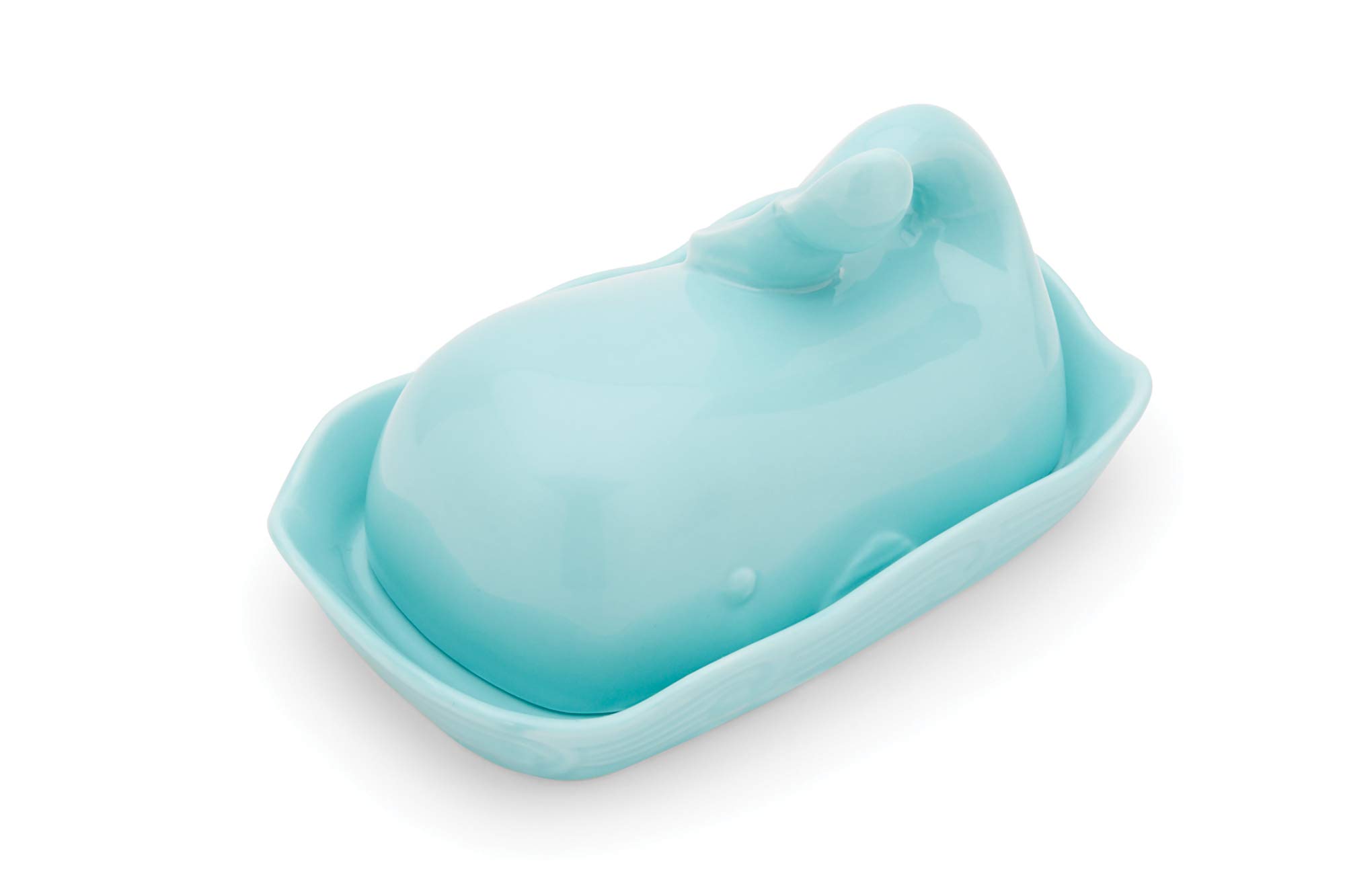 Fox Run Whale Ceramic Butter Dish with Lid, 7", Aqua Blue