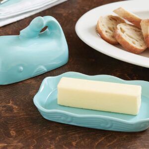 Fox Run Whale Ceramic Butter Dish with Lid, 7", Aqua Blue