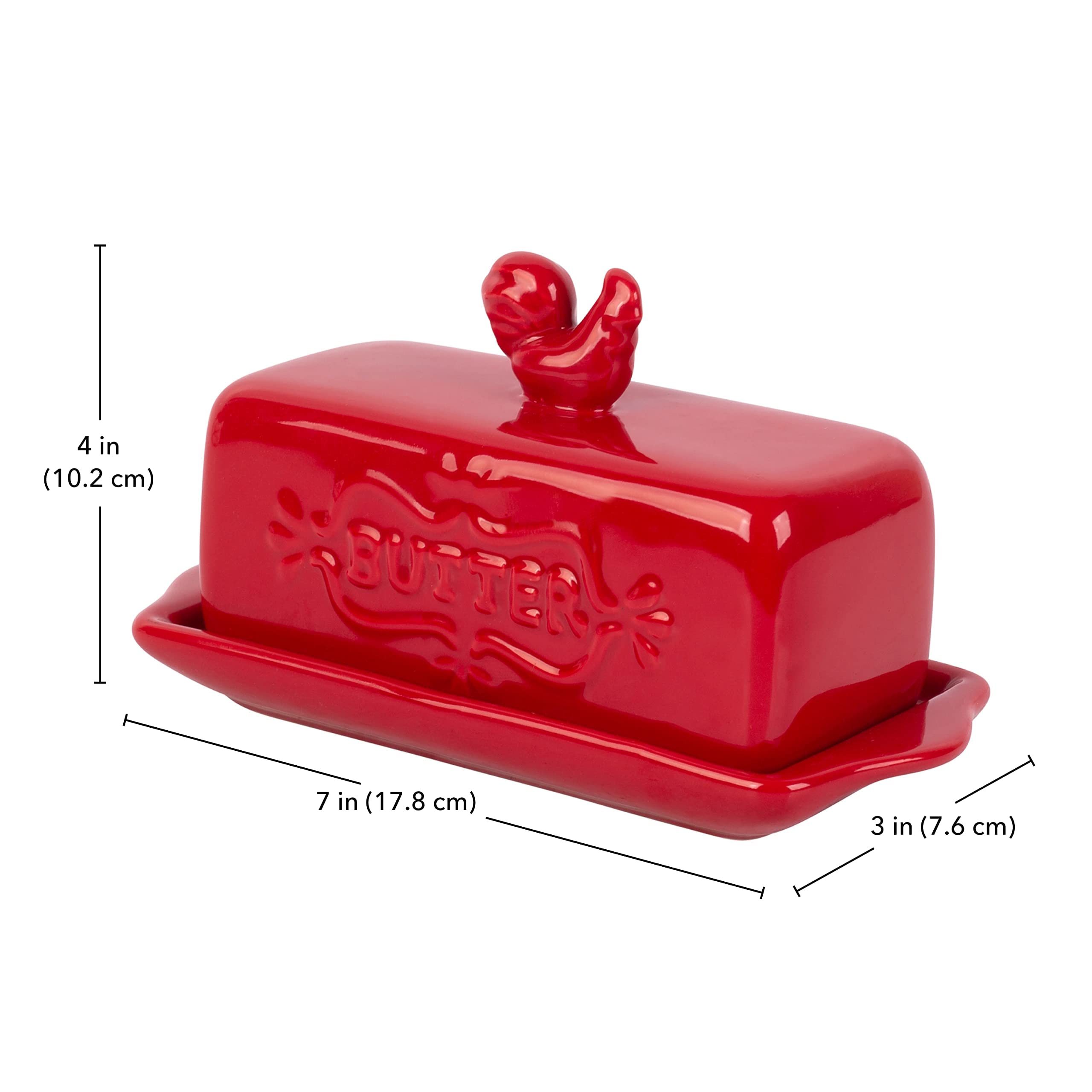 MosJos Butter Dish with Lid – Premium Butter Keeper with Rooster Finial – Ceramic Butter Dish for Countertop, Fridge – Beautiful Red Color and Practical Design – Ideal for Housewarming, Christmas