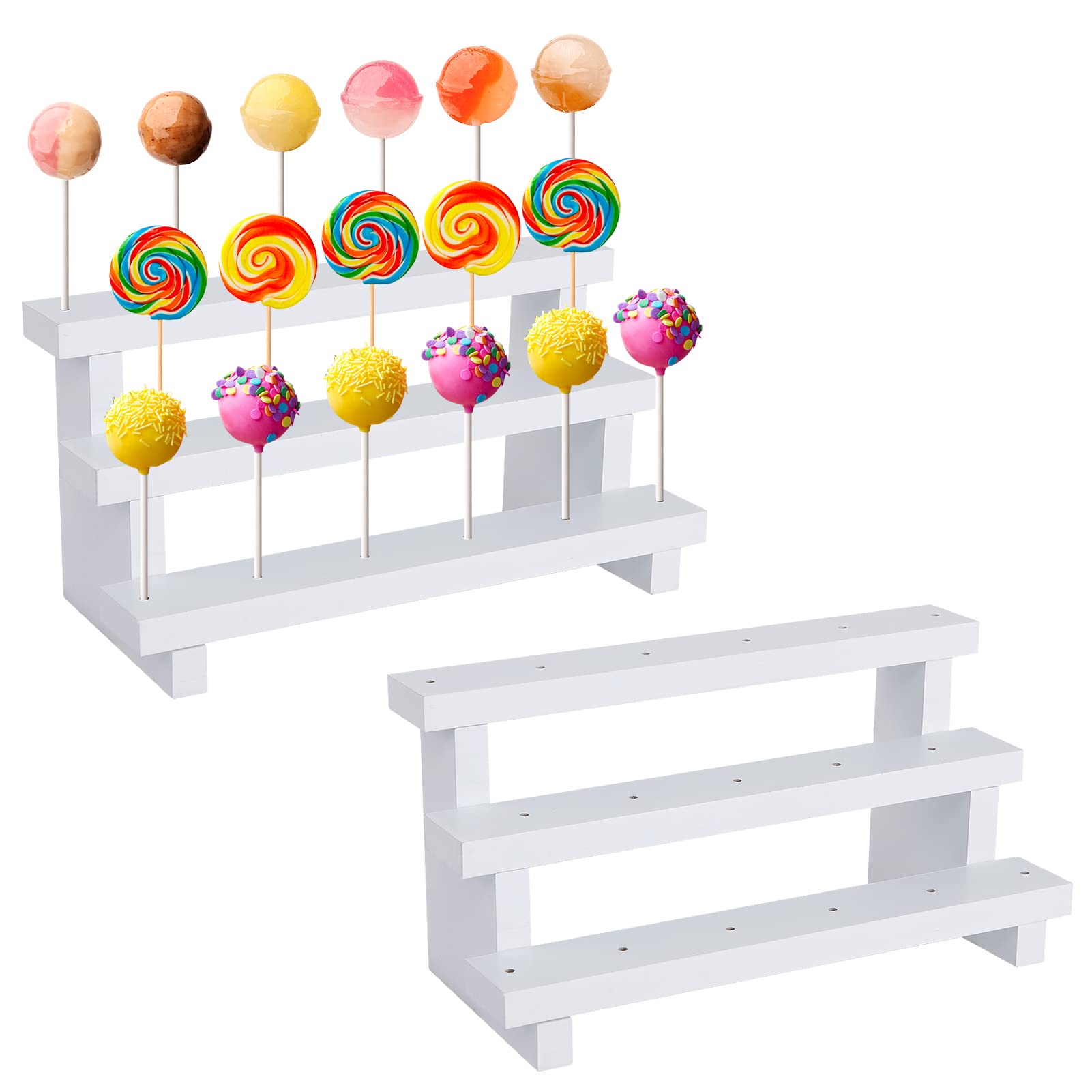 ANPHSIN Wood Cake Pop Stands - 2 PCS Wooden Lollipop Holders, 3 Tier 17 Holes Cake Pop Holder Display Risers Fit 0.16" / 4mm Lollipop Sticks for Dessert Table of Wedding, Birthday Party (White)