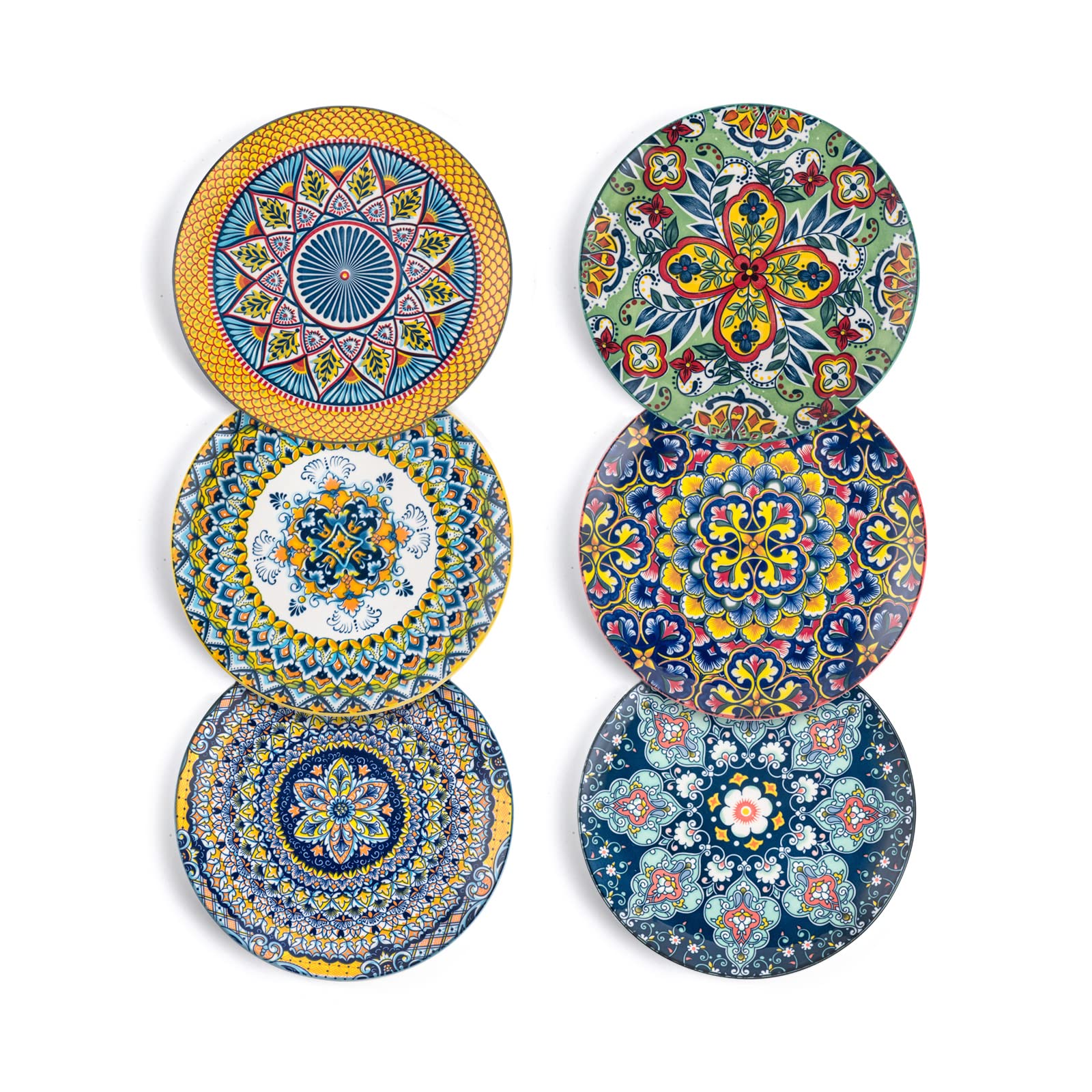 Dessert, Salad Plate Set 8.7 Inch, Colorful Ceramic Plates for Pasta, Appetizer, Snacks - Serving Dishes for Thanksgiving & Christmas, Dishwasher & Microwave Safe, Set of 6 - Bohemian Style