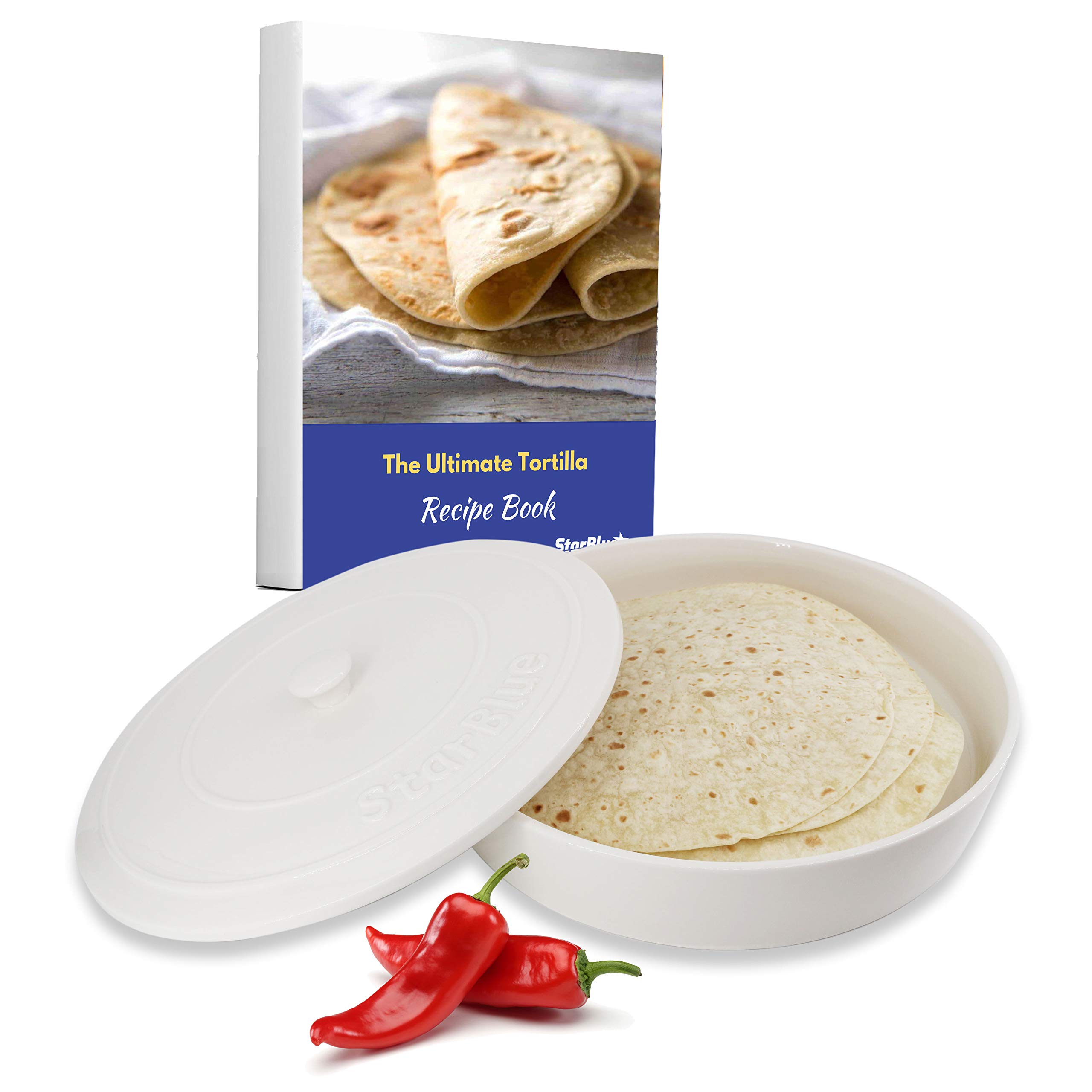 10 Inches Ceramic Tortilla Warmer by StarBlue with FREE Recipes ebook - White, Insulated One Hour and Holds up to 24 Tortillas,Chapati, Roti, Microwavable, Oven Safe