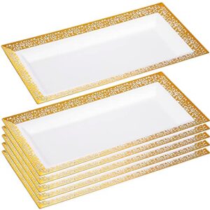 yumchikel-elegant plastic serving tray & platter set (6pk) - white & gold rim disposable serving trays & platters for food - weddings, upscale parties, dessert table, cupcake display - 7.5 x 14 inches