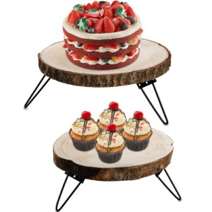 deayou 2 pack rustic wood cake stand, 9"/ 12" round wooden cupcake pedestal, paulownia wood slice pie stand with metal leg, wedding cake holder slab tray for display, dessert table, candles, plants