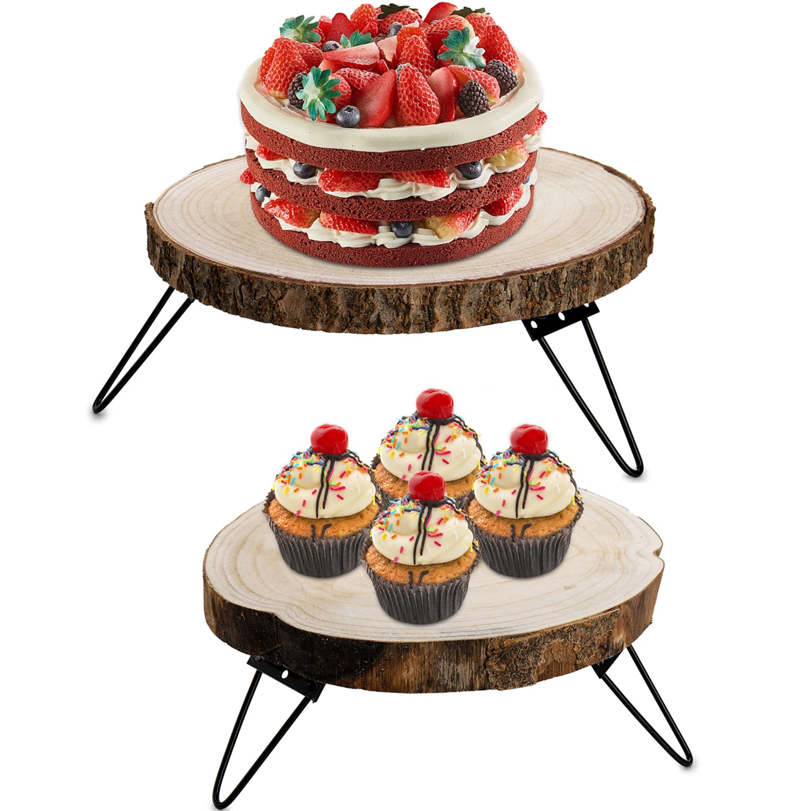 DEAYOU 2 Pack Rustic Wood Cake Stand, 9"/ 12" Round Wooden Cupcake Pedestal, Paulownia Wood Slice Pie Stand with Metal Leg, Wedding Cake Holder Slab Tray for Display, Dessert Table, Candles, Plants