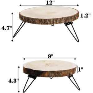 DEAYOU 2 Pack Rustic Wood Cake Stand, 9"/ 12" Round Wooden Cupcake Pedestal, Paulownia Wood Slice Pie Stand with Metal Leg, Wedding Cake Holder Slab Tray for Display, Dessert Table, Candles, Plants