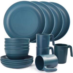 shopwithgreen plastic dinnerware sets (16pcs) - lightweight & unbreakable dinnerware set - microwave safe plates set, bowls, cups mugs, service for 4, great for kids & adult