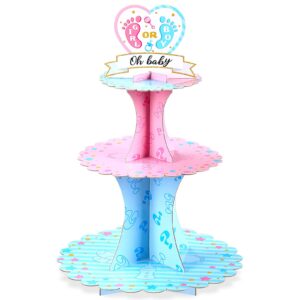 gender reveal party cupcake stand decorations, blue and pink 3 tier baby shower cupcake toppers tower cardboard supplies for boy girl baby gender reveal birthday party favors