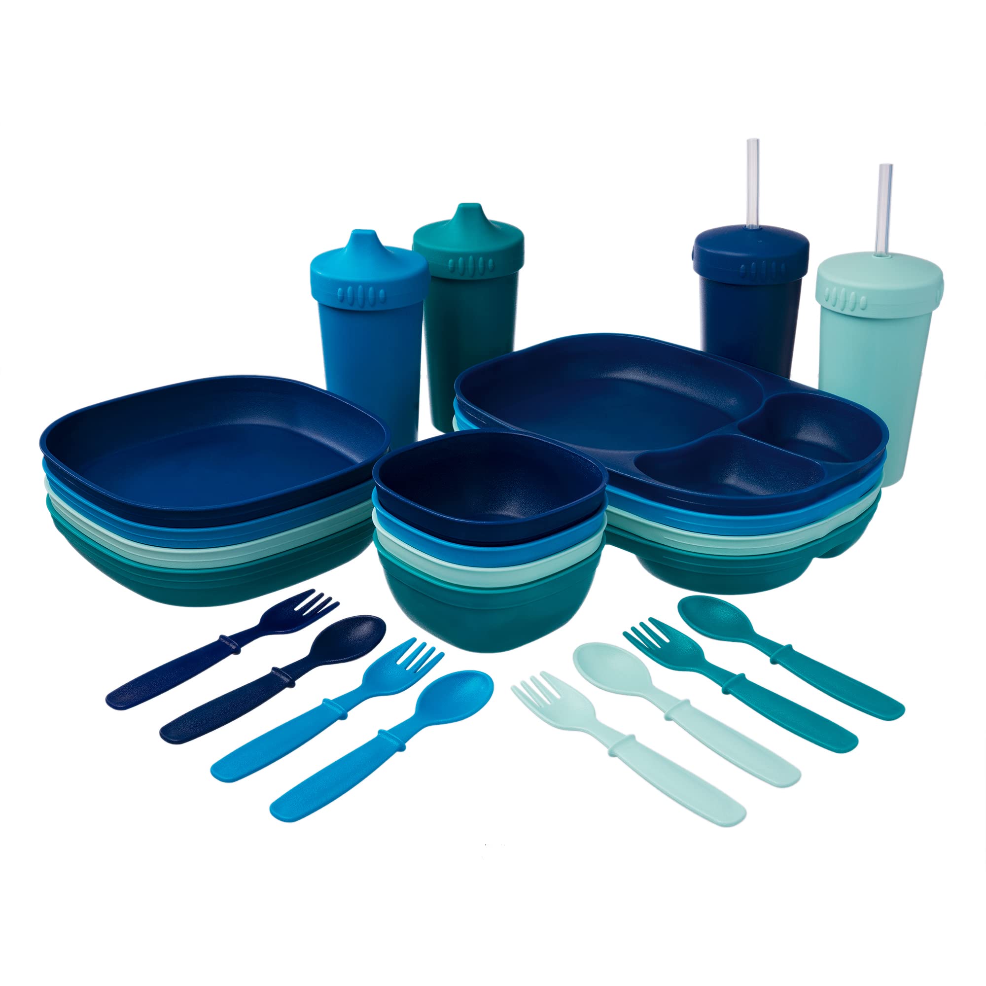 MightyMoe Kid’s Dinnerware Set - 28 Pieces, 4 Place Settings - Ocean Color Set - Tough Tableware for Toddlers - Made in the USA - Dishwasher and Microwave Safe - BPA Free and Shatter Resistant