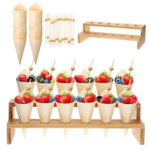 food cones 100 pcs disposable wood cones for food with 12 holes ice cream cone display stand charcuterie cones holder 100 fancy toothpicks for appetizers catered events buffets parties (straight)