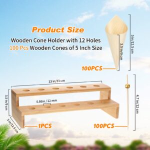 Food Cones 100 Pcs Disposable Wood Cones for Food with 12 Holes Ice Cream Cone Display Stand Charcuterie Cones Holder 100 Fancy Toothpicks for Appetizers Catered Events Buffets Parties (Straight)