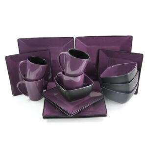 elama stoneware square dinnerware dish set, 16 piece, solid purple