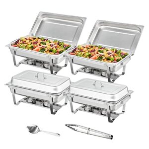 vevor chafing dish buffet set, 8 qt 4 pack, stainless chafer w/ 4 full size pans, rectangle catering warmer server w/lid water pan folding stand fuel tray holder spoon clip, at least 8 people each
