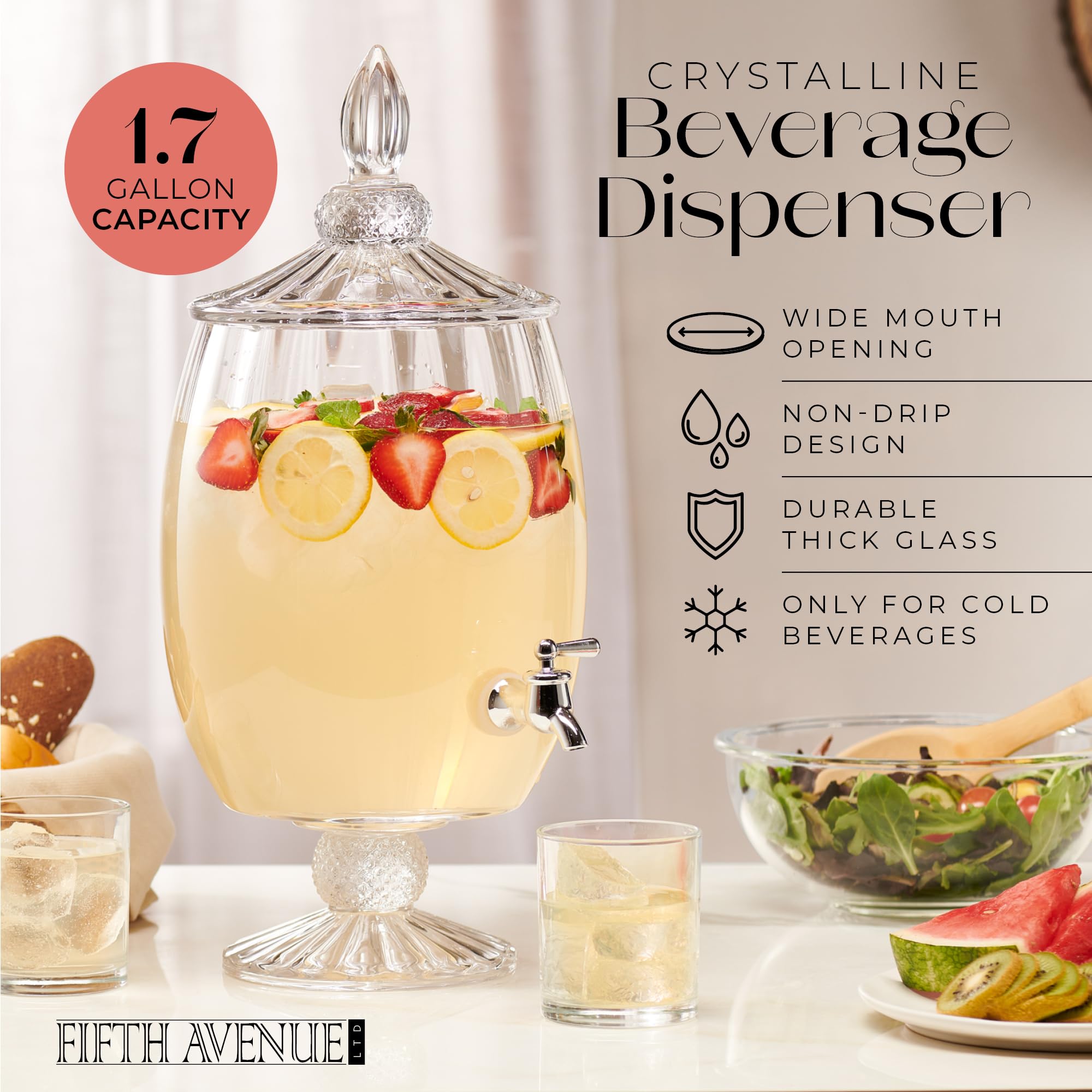 Fifth Avenue Crystal Beverage Dispenser for Countertop - 1.7 Gallon Large Glass Drink Dispenser w/Spigot & Lid - Party Drink Dispenser for Sweet Tea Lemonade Punch Water, Juice Dispensers for Parties