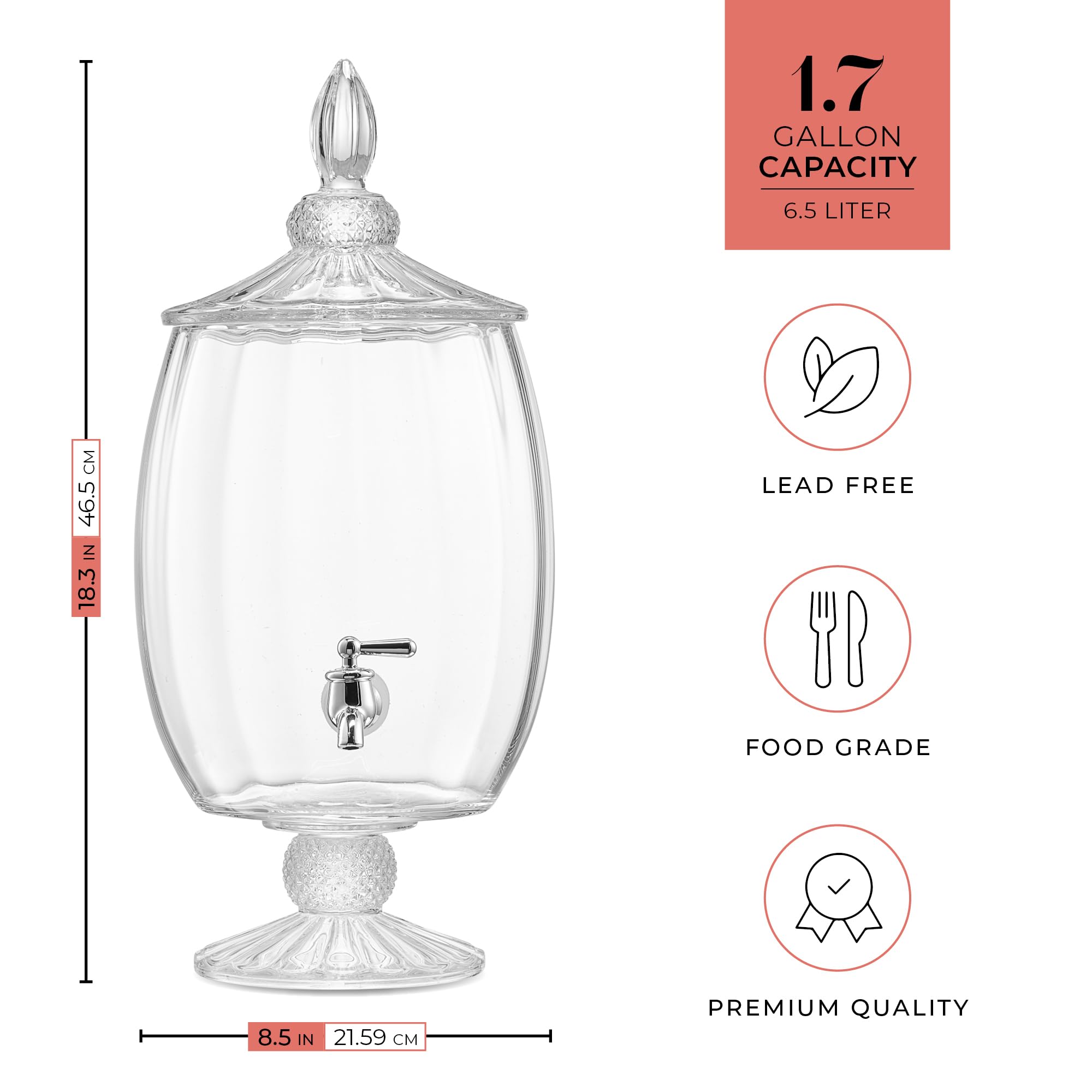 Fifth Avenue Crystal Beverage Dispenser for Countertop - 1.7 Gallon Large Glass Drink Dispenser w/Spigot & Lid - Party Drink Dispenser for Sweet Tea Lemonade Punch Water, Juice Dispensers for Parties