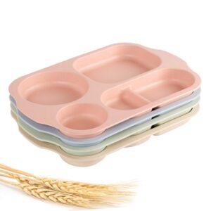 shopwithgreen divided plates for kids adults, 12 inch (4pcs) unbreakable wheat straw section plates, large lightweight reusable compartment lunch trays, bpa free dishwasher & microwave safe