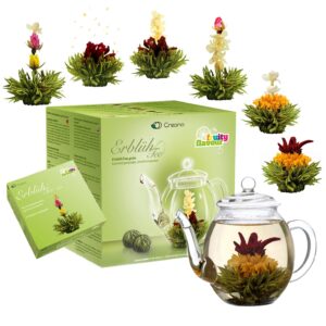 creano blooming tea gift set with glass teapot 17oz (500ml) - green tea fruity flavoured tea flowers in 6 varieties - flowering tea gift for easter