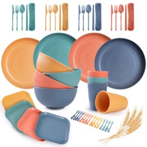 62pcs wheat straw dinnerware sets for 4, reusable unbreakable dinnerware set for kids adults, microwave safe, lightweight camping plates cups and bowls set for dorm kitchen picnic rv dishes
